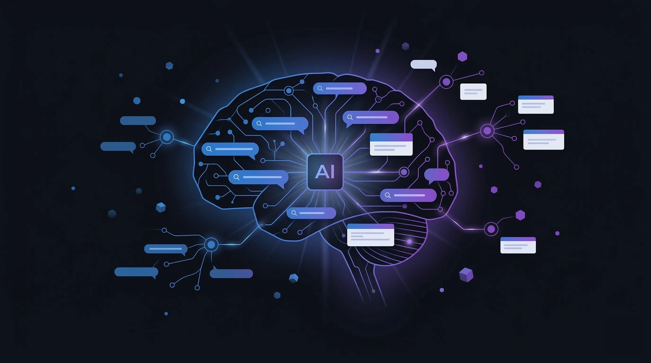 Rede neural conectada representando IA processando buscas e gerando respostas diretas