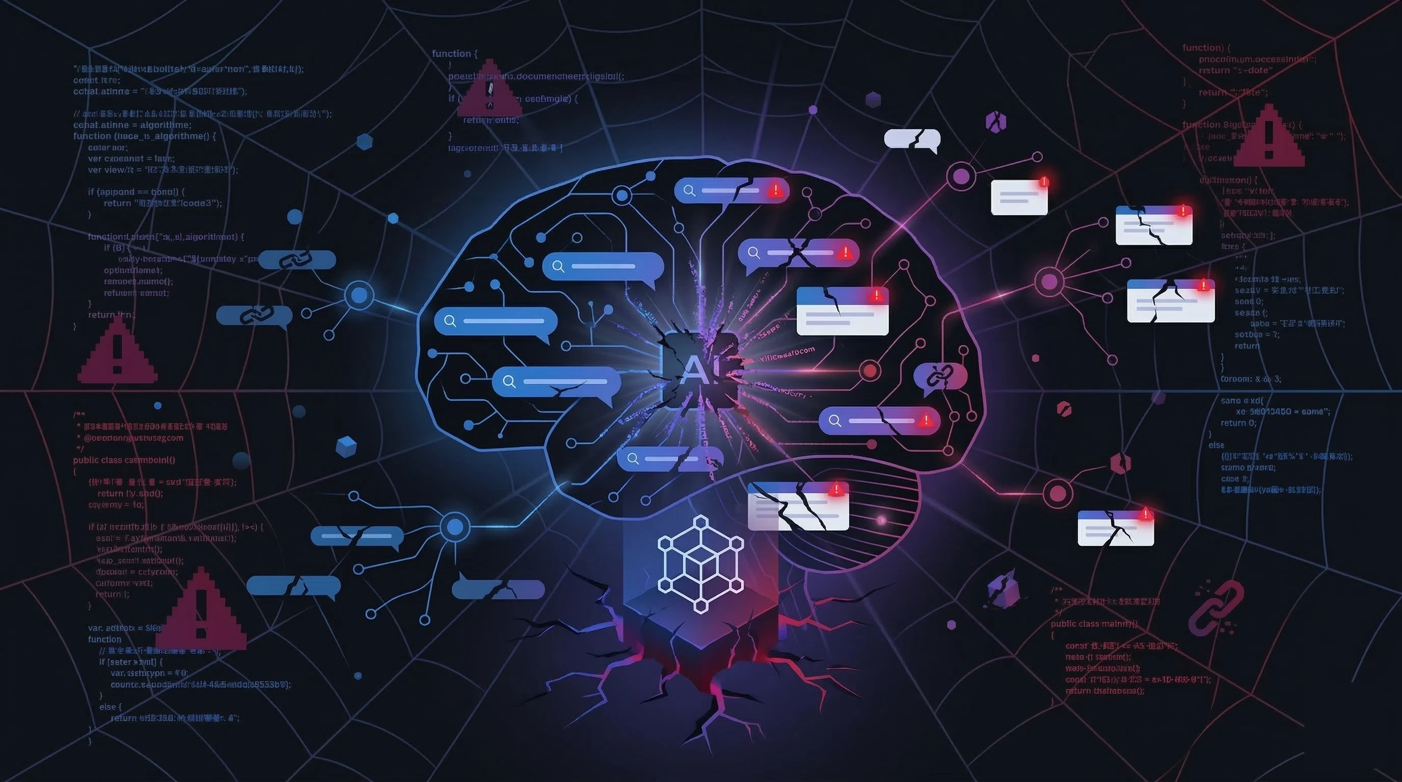 Código digital com alertas de risco representando técnicas proibidas de SEO