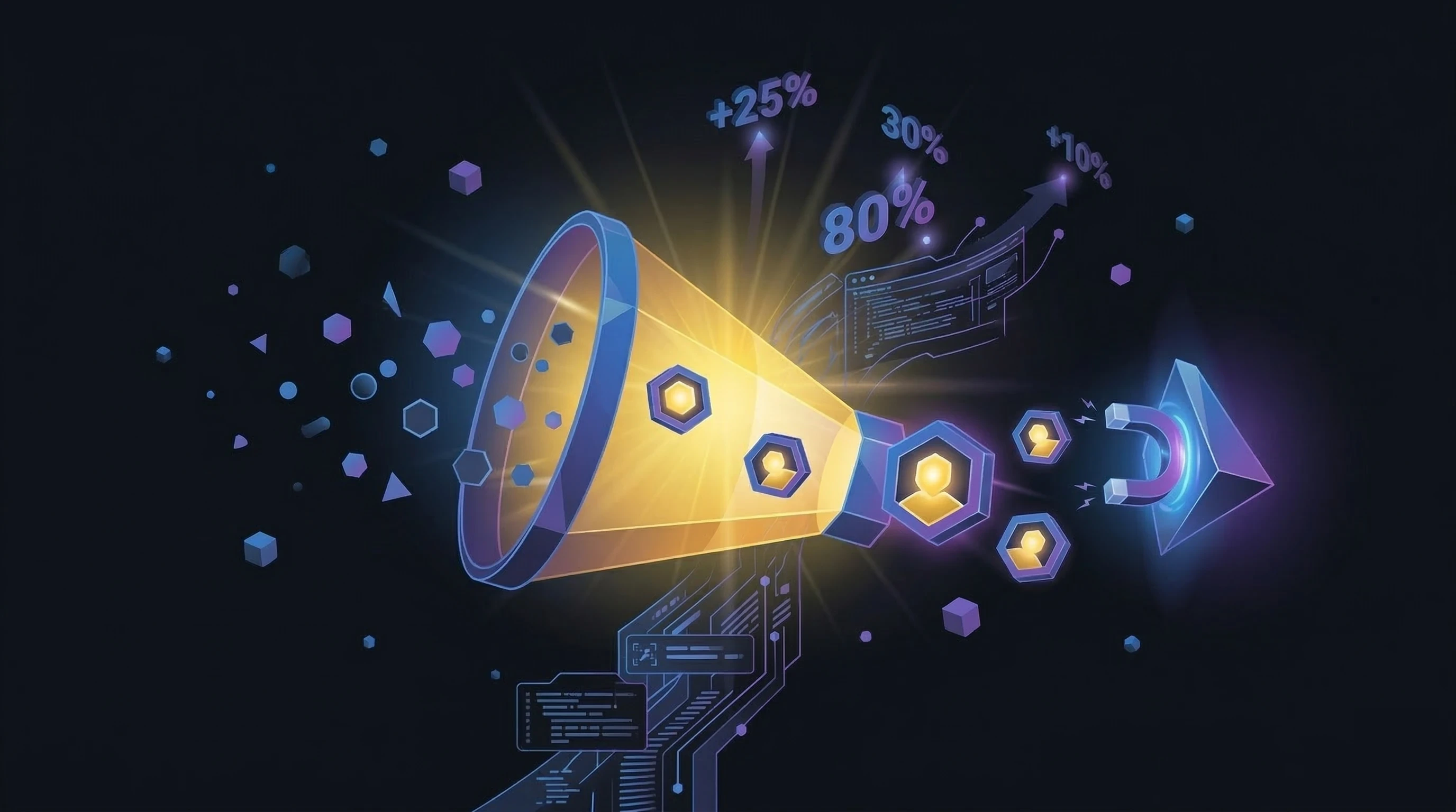 Funil de conversão com seta ascendente indicando crescimento de 40% em vendas