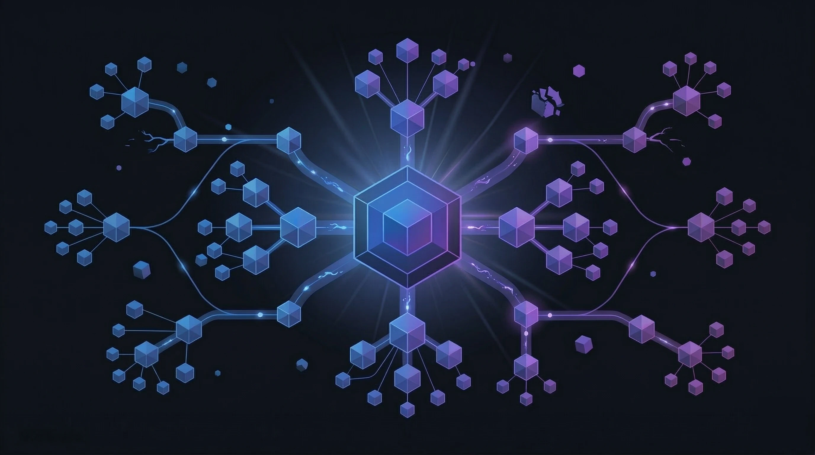 Rede hierárquica de nós representando pillar page conectada a artigos satélite