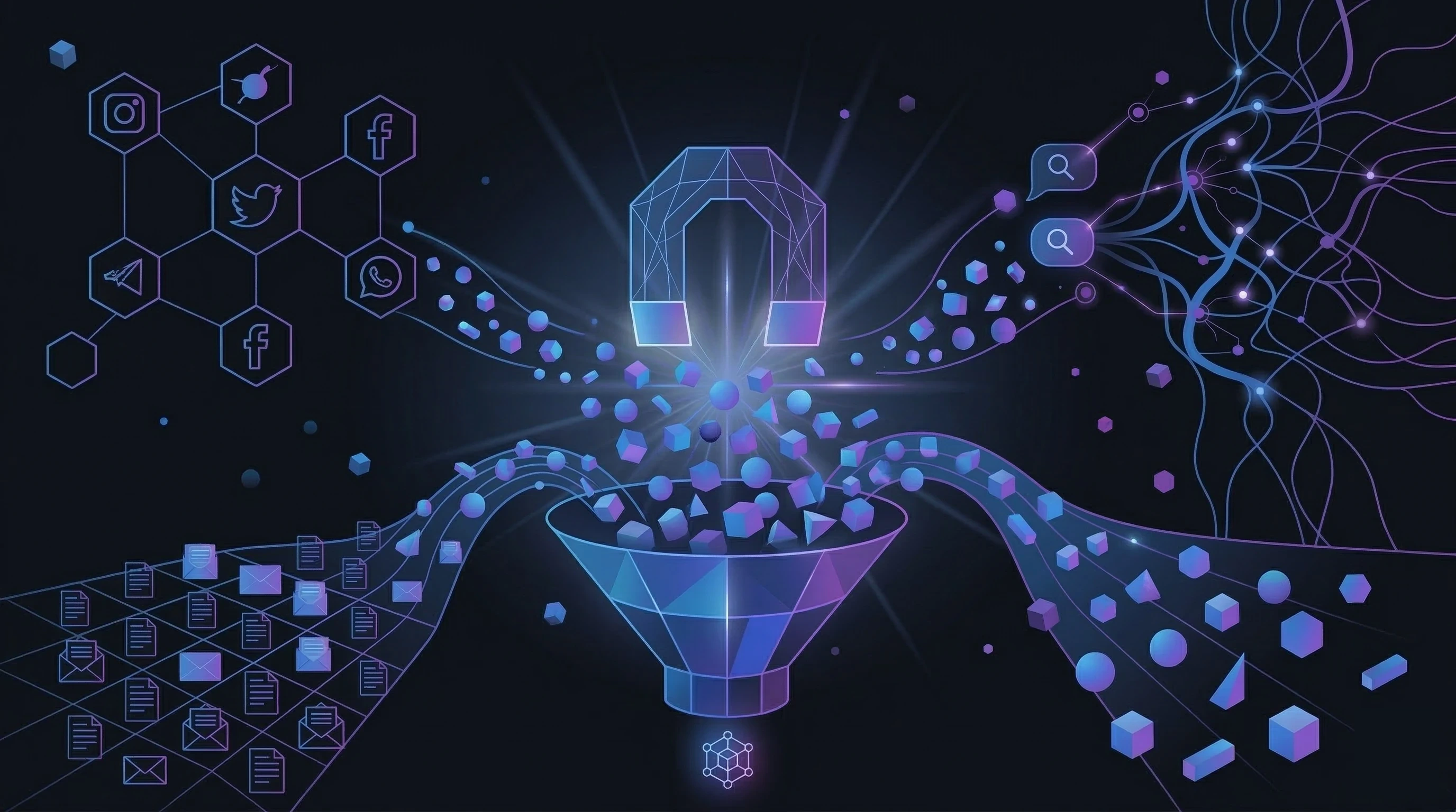 Funil digital com múltiplos canais convergindo para captação de clientes