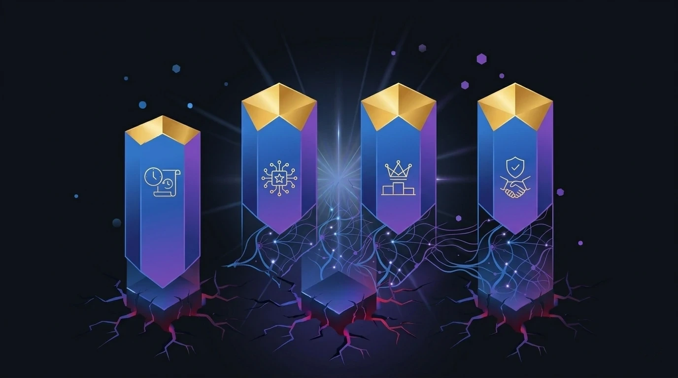 Quatro pilares dourados representando Experiência, Expertise, Autoridade e Confiança