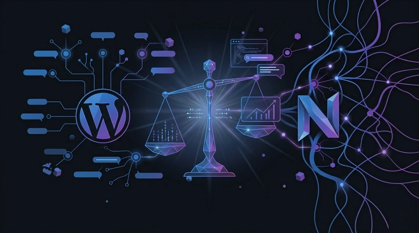 Balança digital comparando WordPress e Next.js em diferentes dimensões