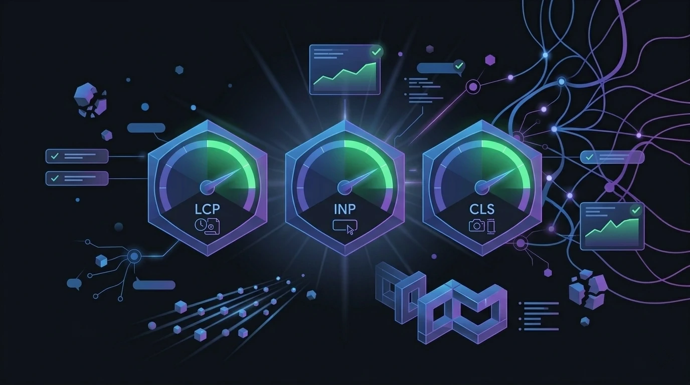 Três gauges verdes mostrando LCP, INP e CLS em zonas de excelência