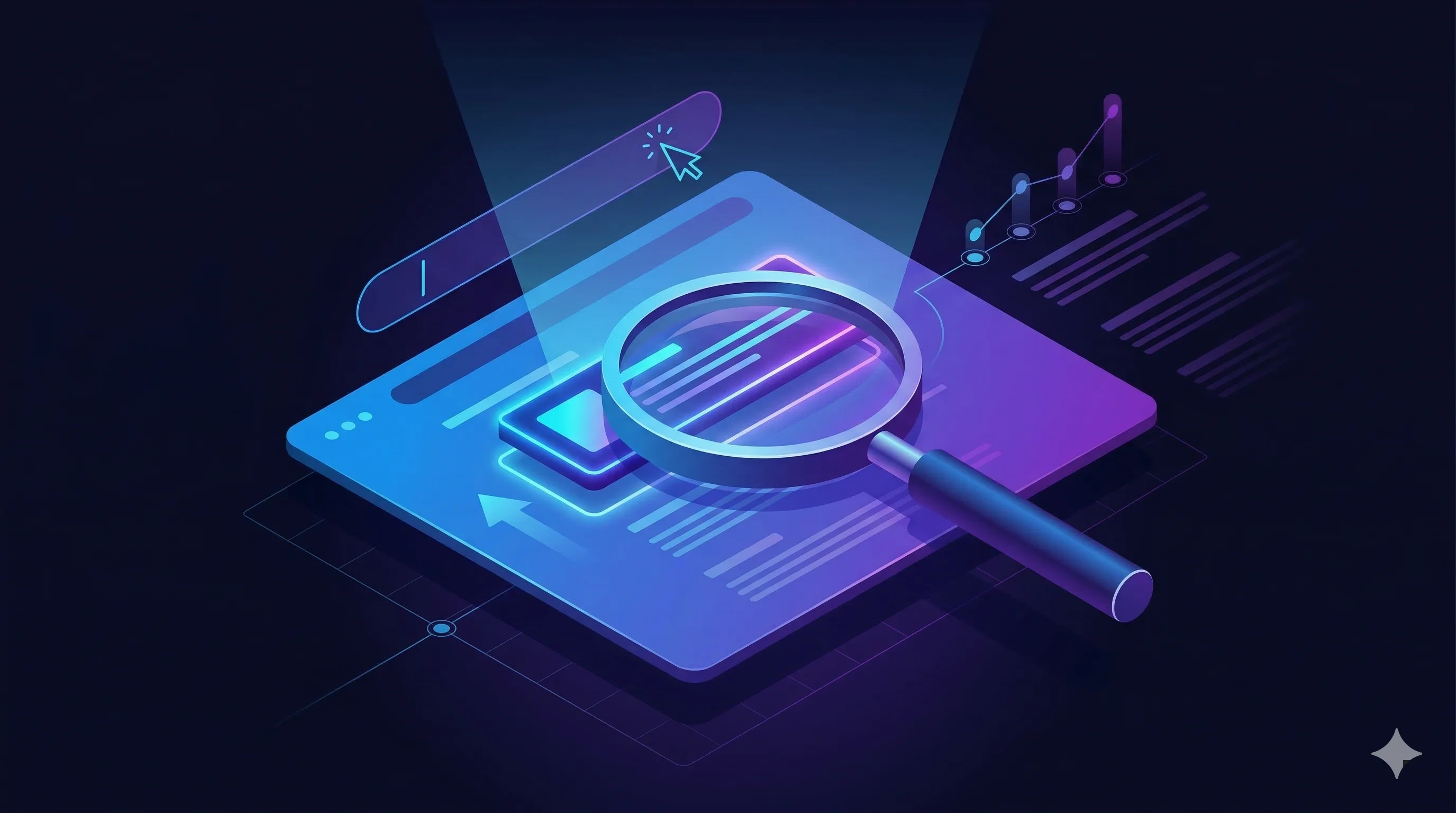 Lupa digital focando em resultado de busca do Google com site em destaque