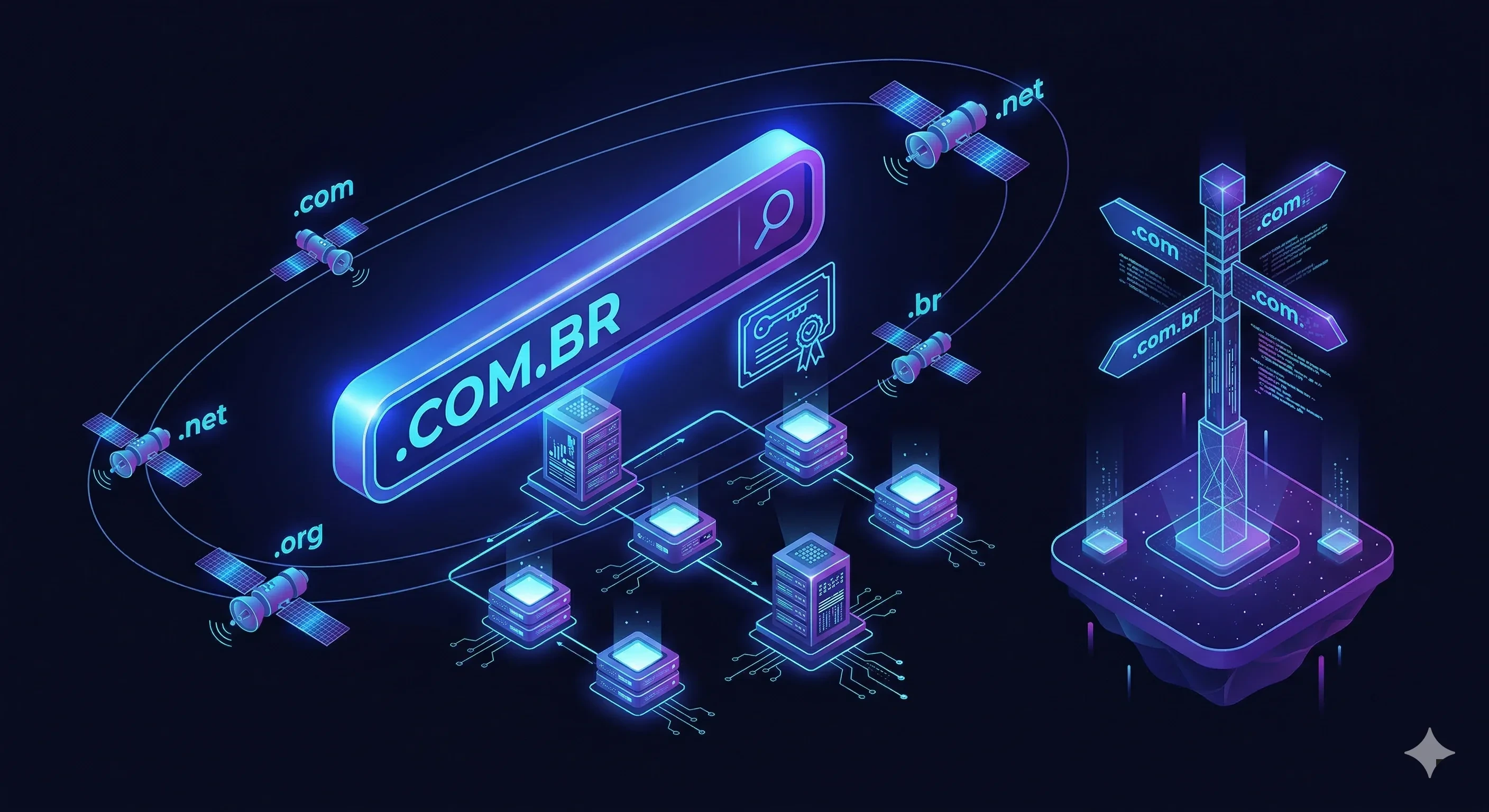 Endereço digital flutuando sobre estrutura de internet com extensões de domínio visíveis