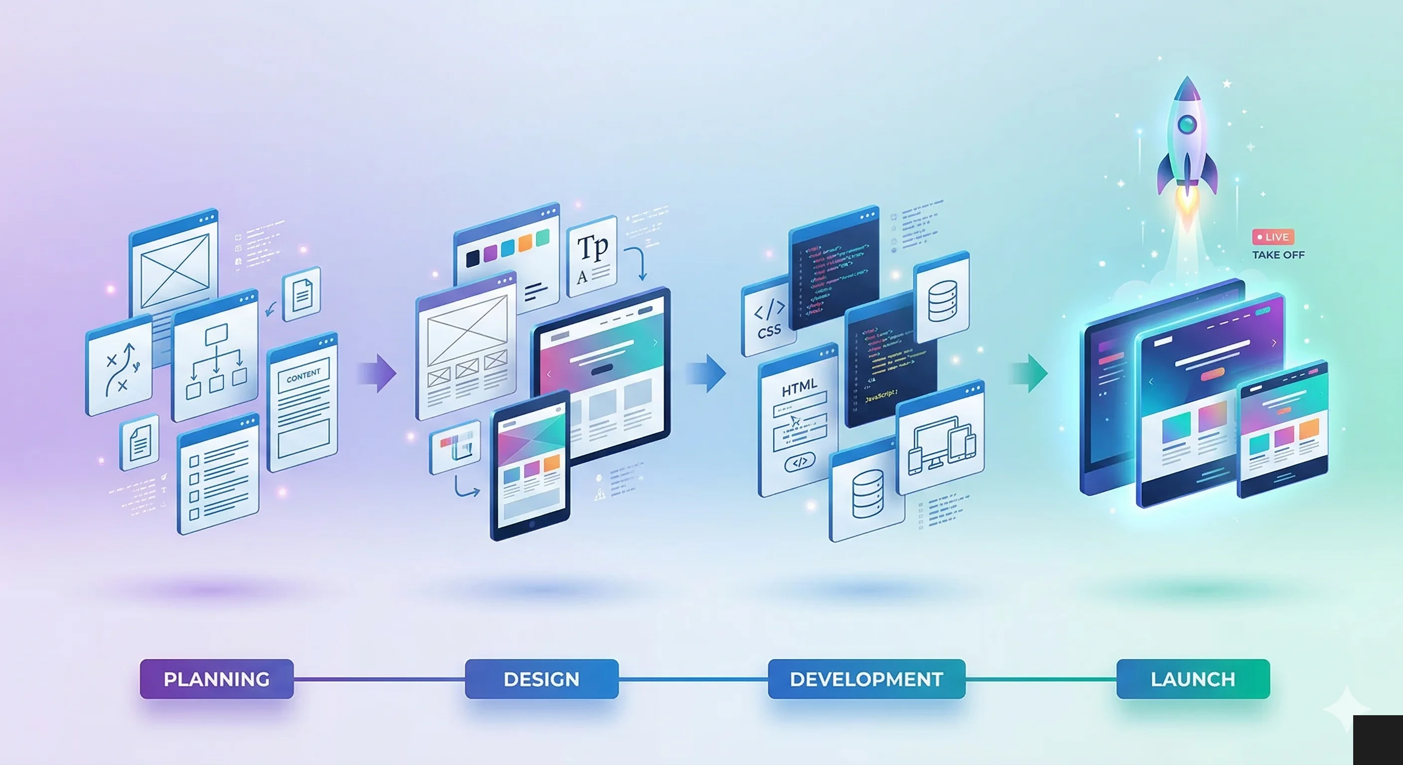 Processo de construção de site profissional com etapas visuais em sequência