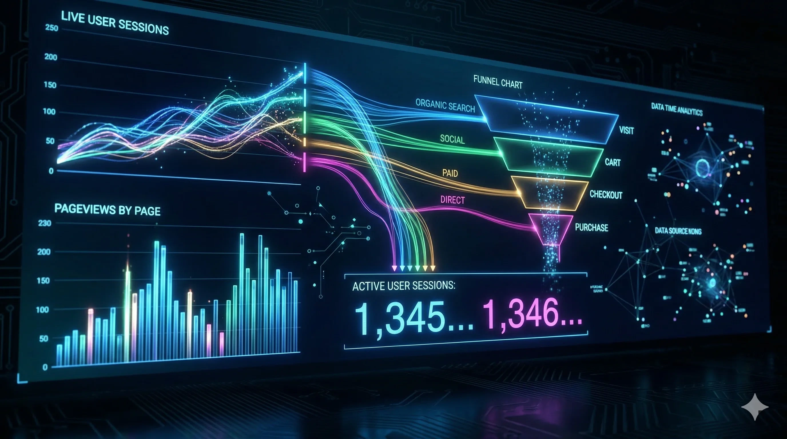 Dashboard de analytics com gráficos de tráfego, sessões e conversões em tempo real