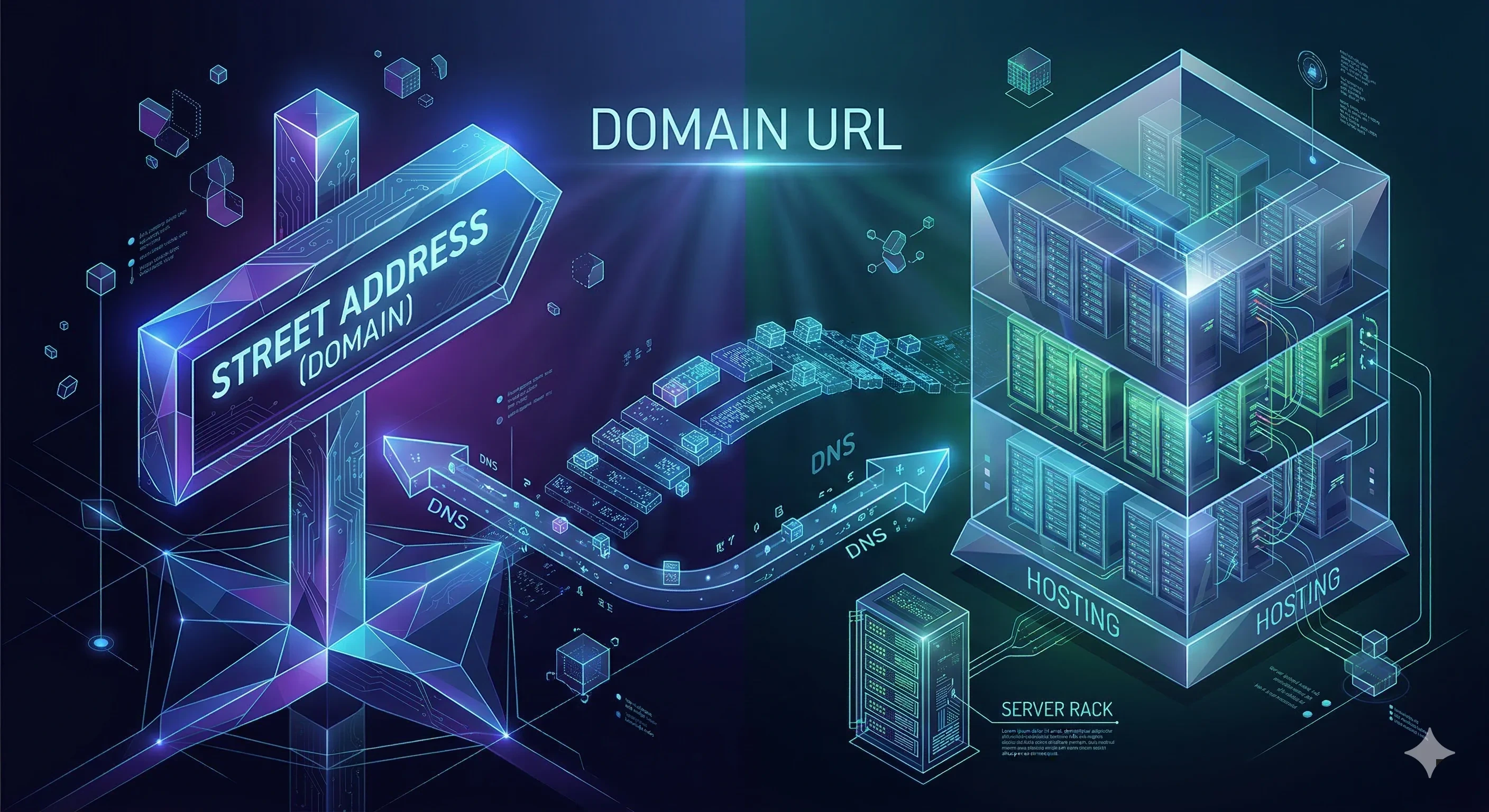 Analogia visual entre endereço (domínio) e terreno/casa (hospedagem) no mundo digital