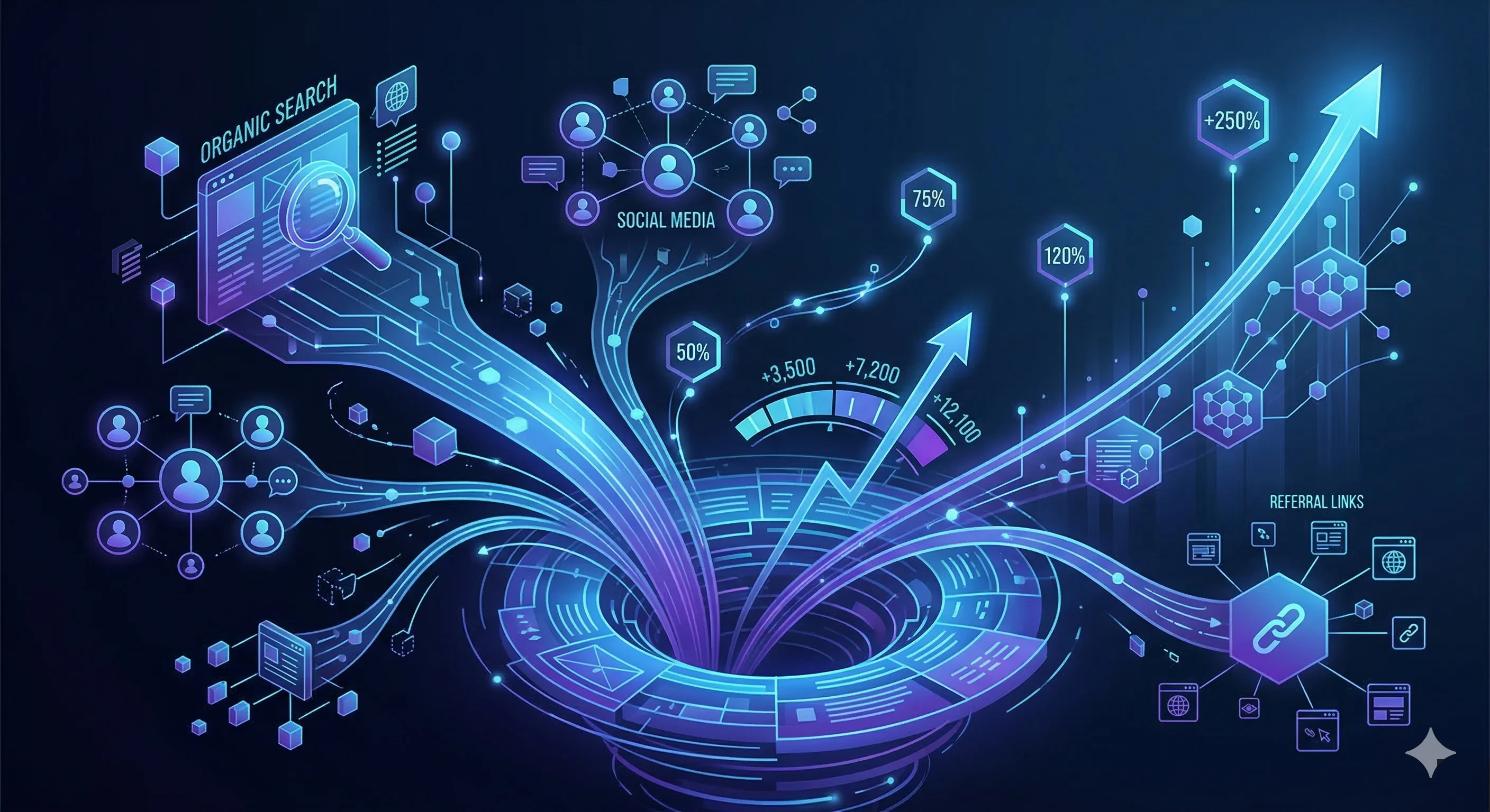 Gráfico de tráfego crescendo com múltiplas fontes de visitantes convergindo