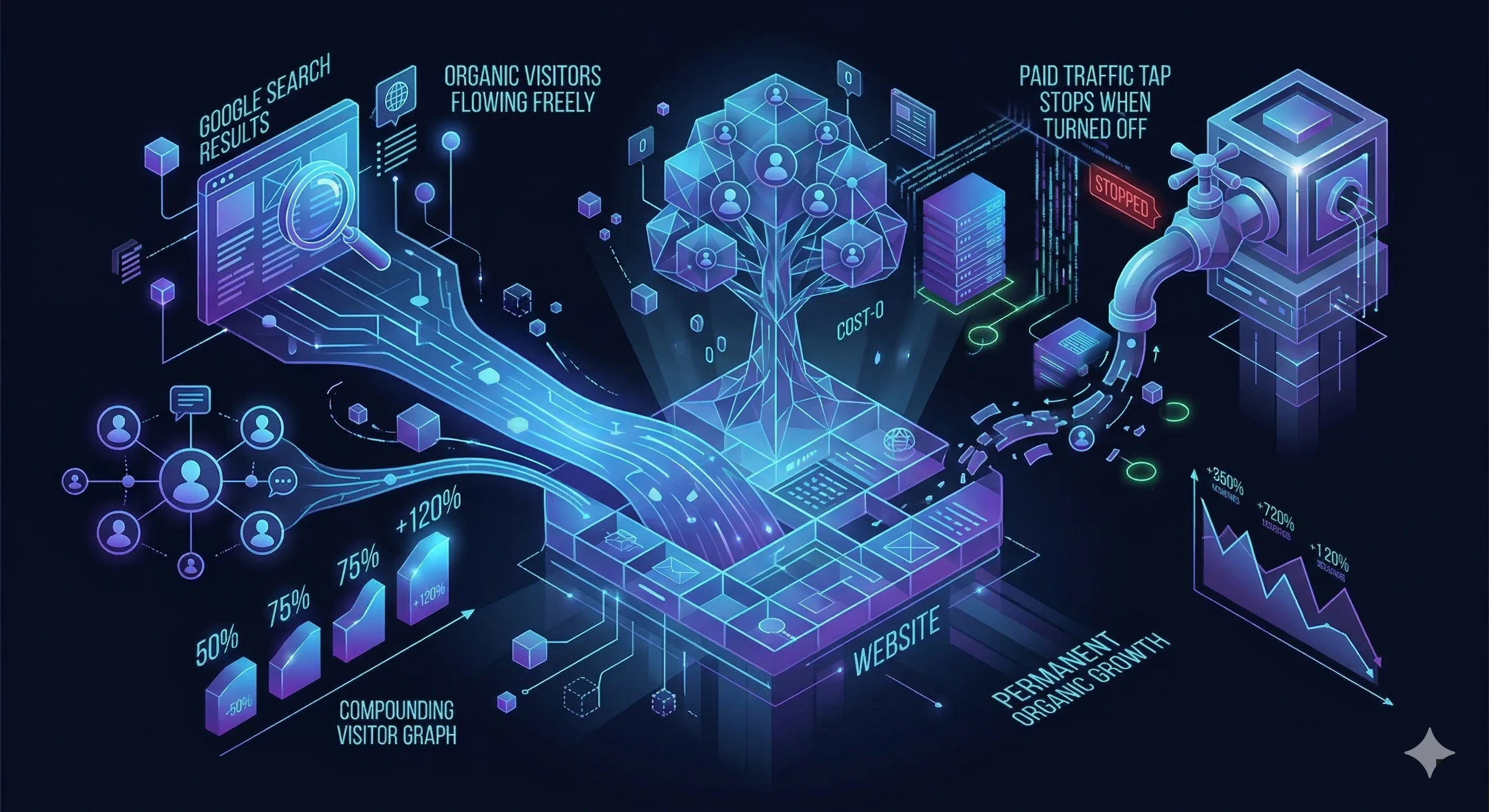 Fluxo natural de visitantes chegando pelo Google sem custo representado como rio digital