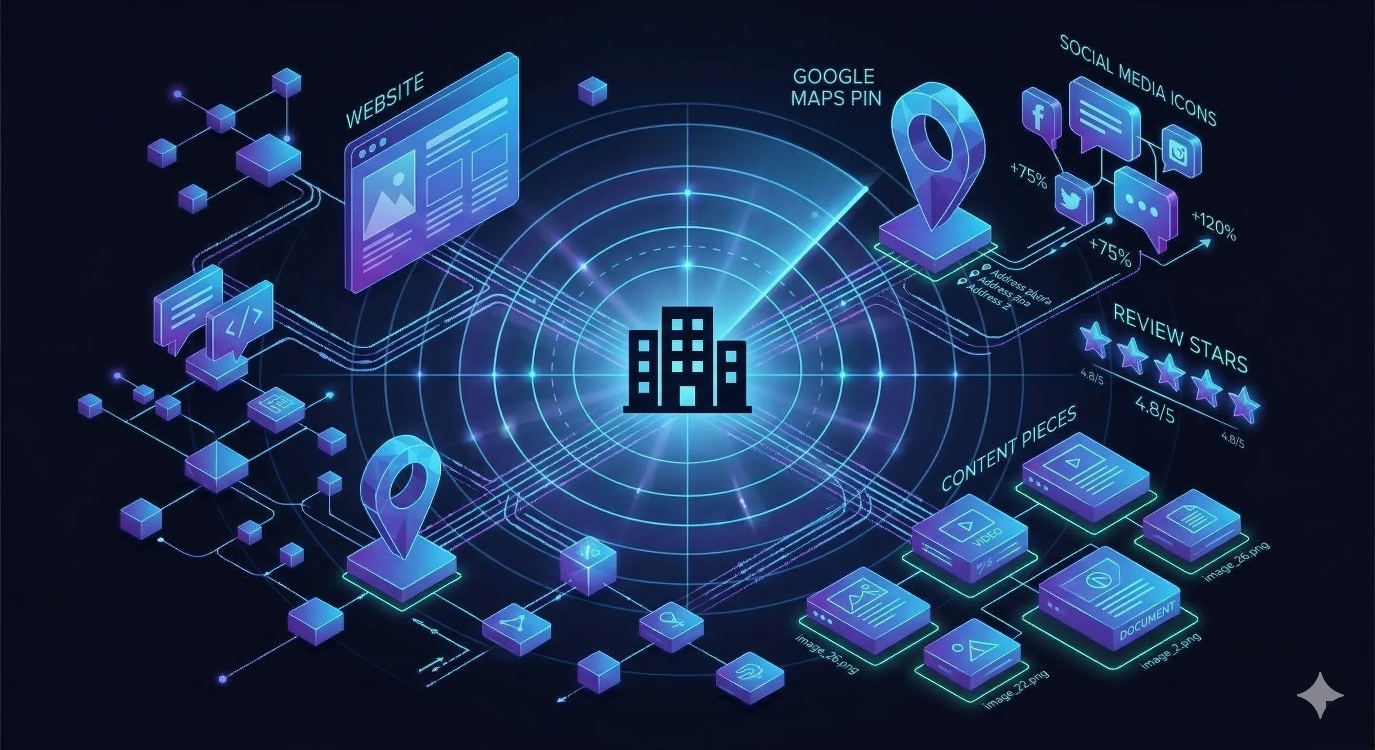 Empresa com pegada digital completa e múltiplos pontos de contato online conectados