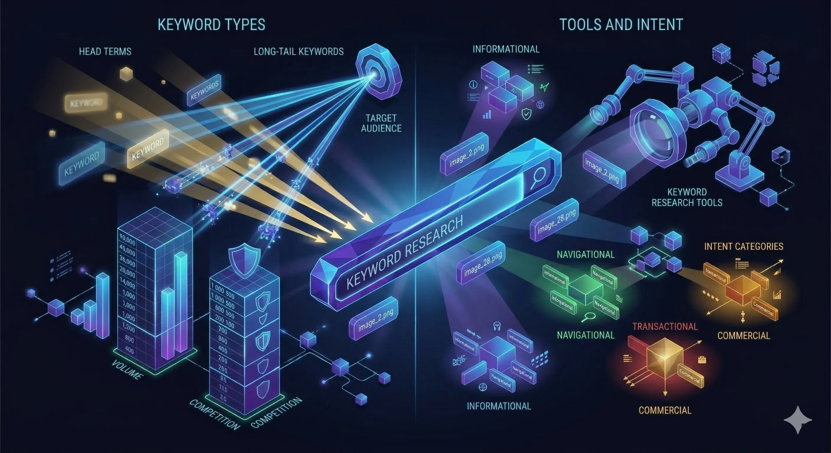 Campo de busca digital com palavras-chave flutuando e sendo organizadas por volume